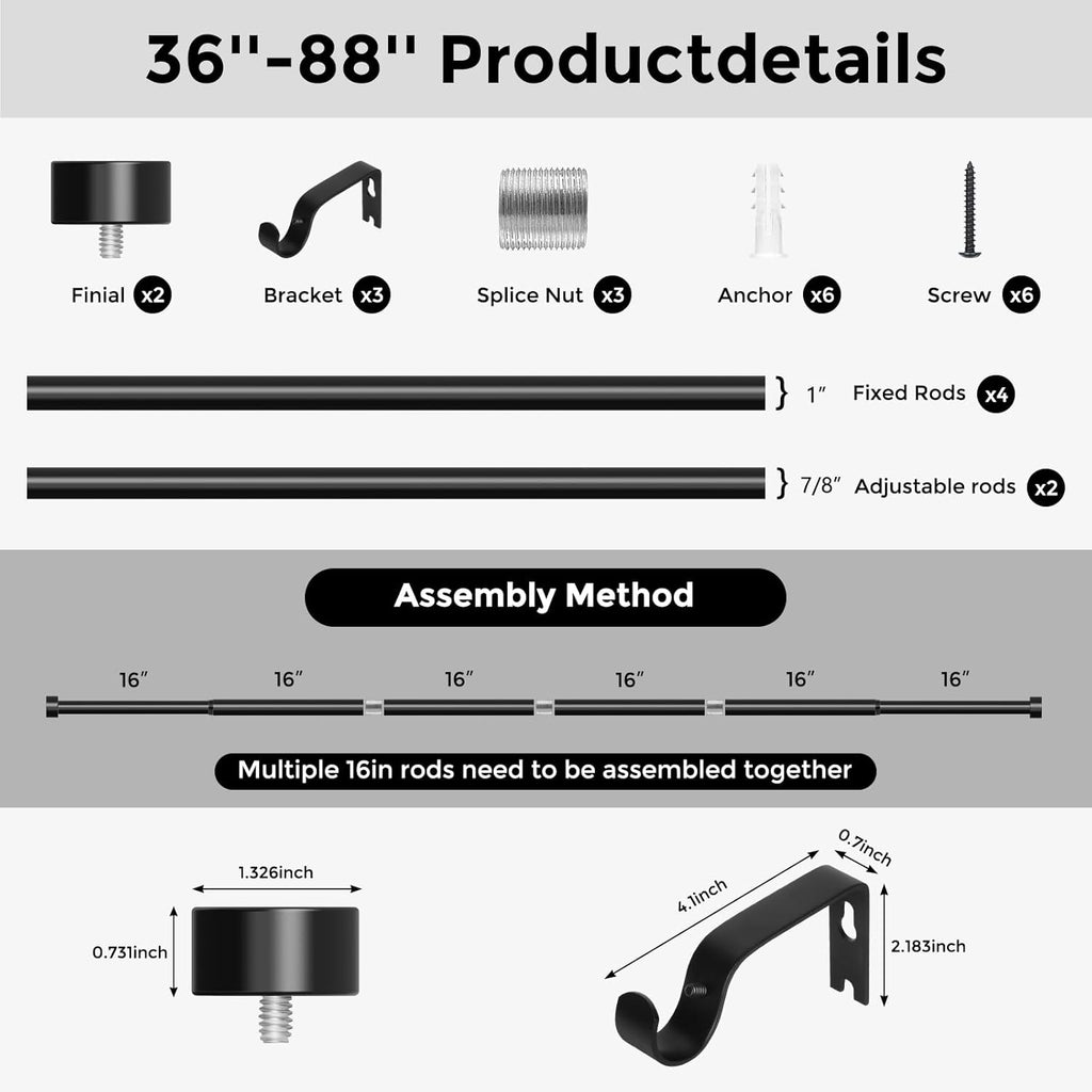 Curtain Rods for Windows 48 to 84 Inch(4-7 Feet),Black 1'' Diameter Drapery Rods with End Cap Style Design,Modern