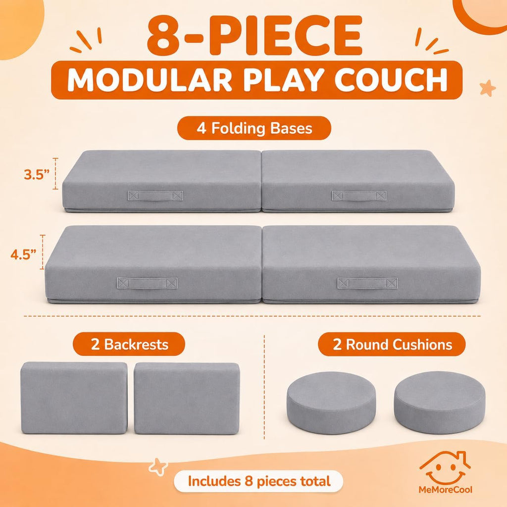 Kids Couch, Light Grey Modular Foam Play Couch, Ages 3+