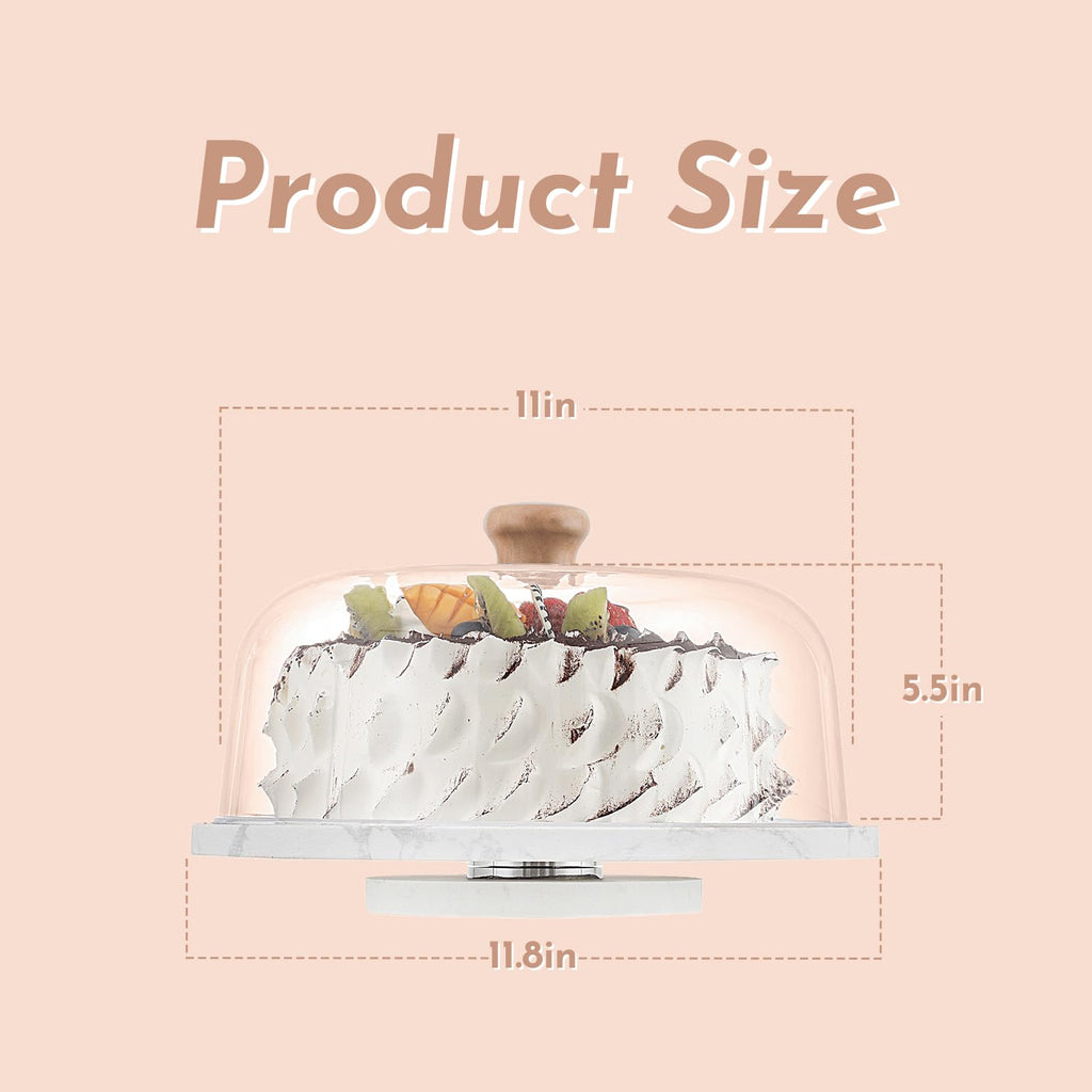 Marble Cake Stand with Acrylic Dome Lid, Cake Holder 360° Rotating, Cake Plate Board for Party, Wedding, Cake Display