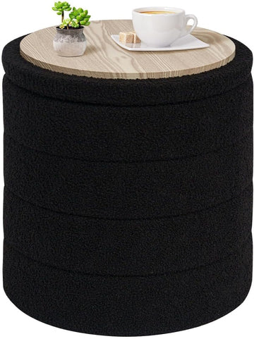 Round Storage Ottoman Foot Rest Stool with Tray Velvet Sherpa Folding Storage Ottoman,Boucle Foot Rest ,Black Color