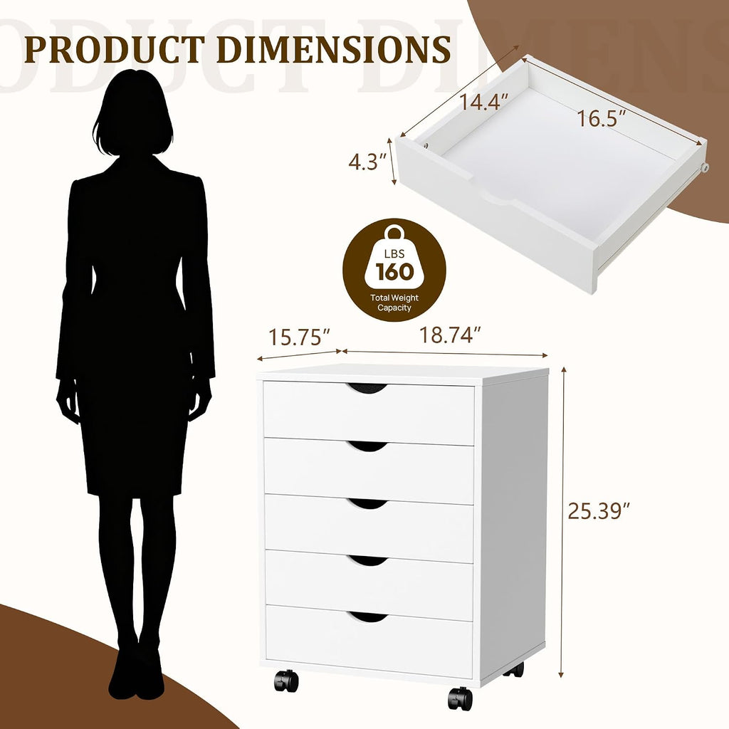 5 Drawer Rolling Storage Cabinet, Mobile File Cabinet , White | Rolling Storage Cabinet with 5 Drawers for Desk