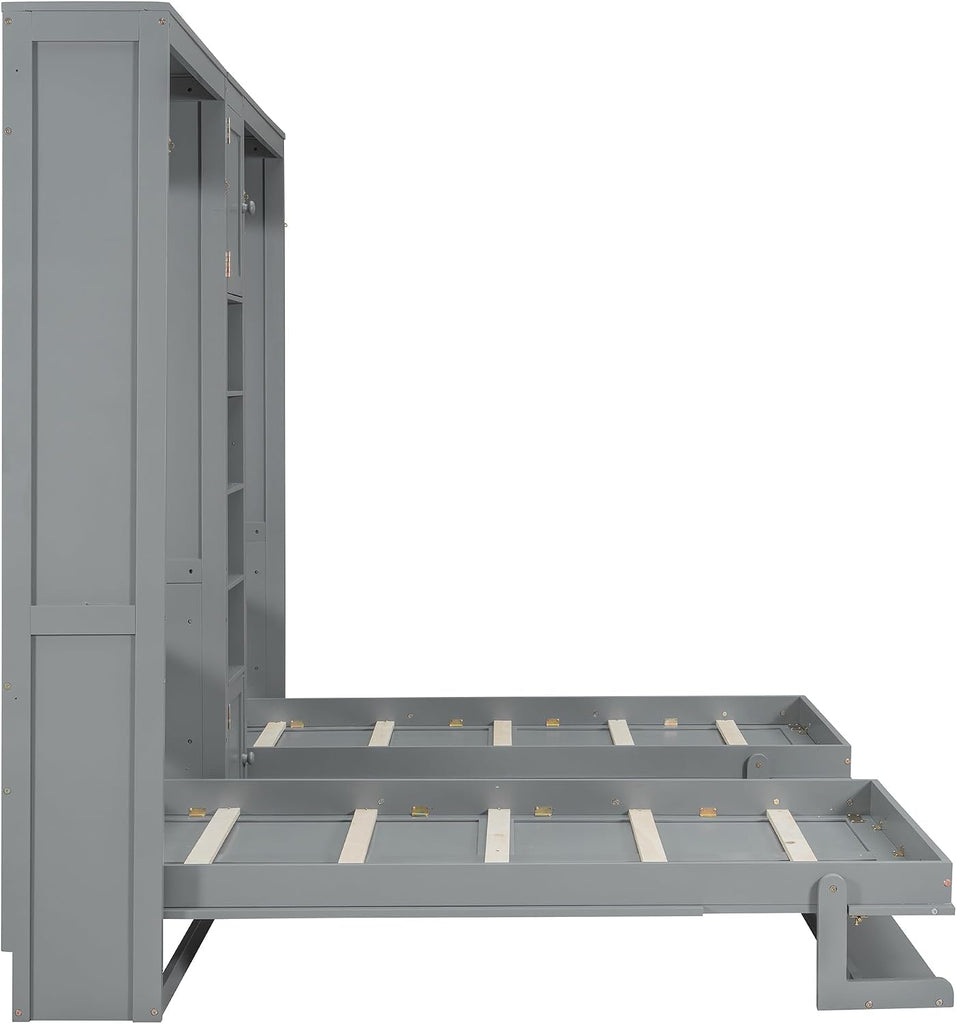 Dual Twin Murphy Beds with Storage Shelves and Cabinets, Pine Wood Space-Saving Hideaway Double Murphy Wall Beds with
