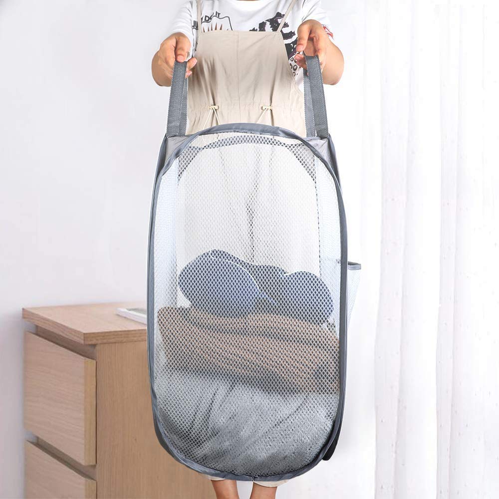2 Pcs Popup Laundry Baskets, Collapsible Gray Mesh Clothes Hampers