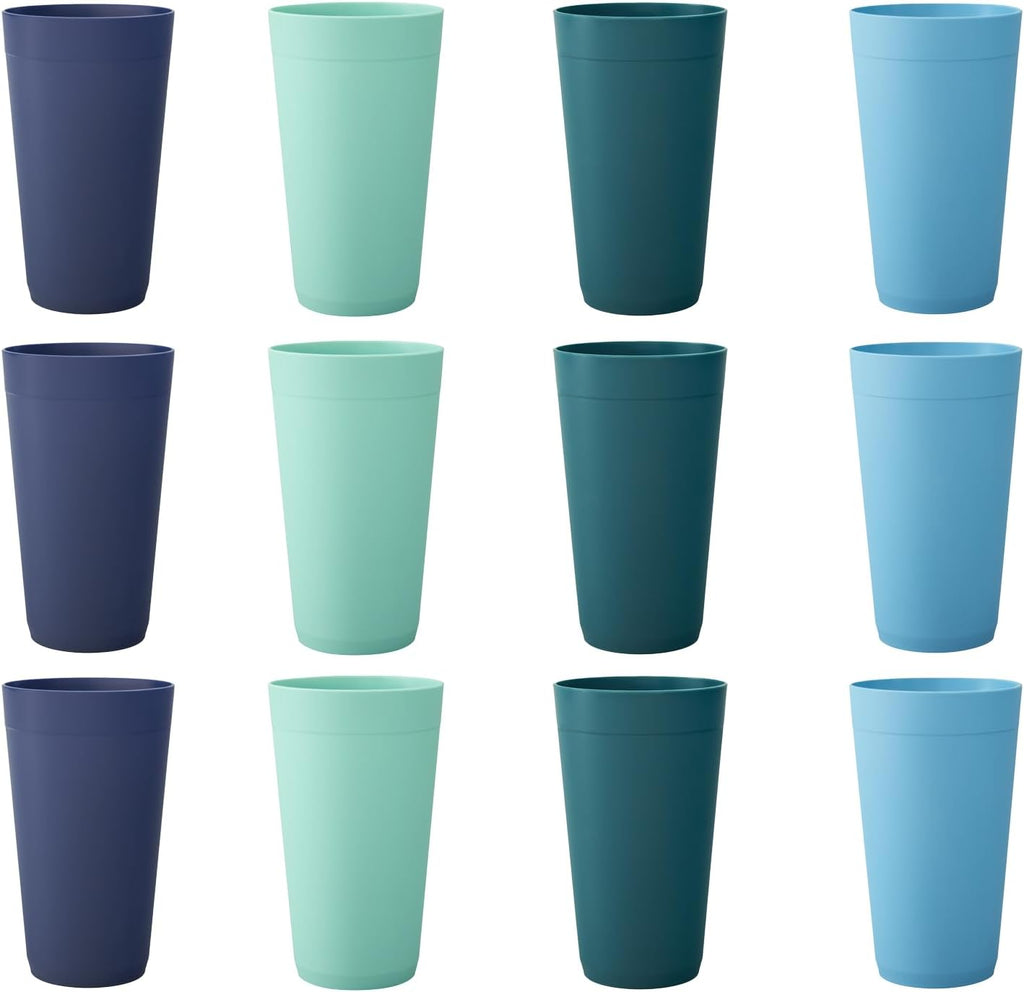 Newport 20 ounce Unbreakable Plastic Stackable Water Tumblers in 4 Coastal Colors | Set of 12 Drinking Cups |