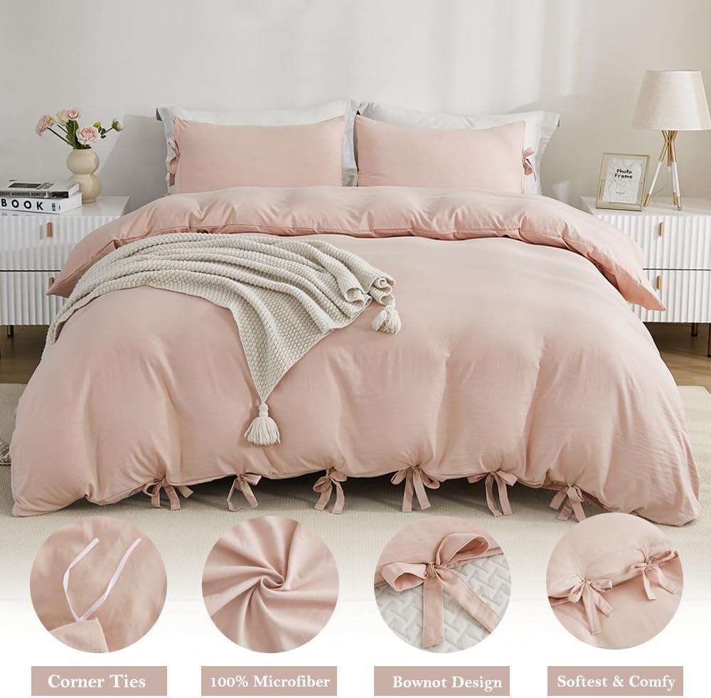 Pink Duvet Cover Queen (90x90 Inch), 3 Pieces (1 Duvet Cover, 2 Pillowcases) Soft Washed Microfiber Bowknot Bow Tie