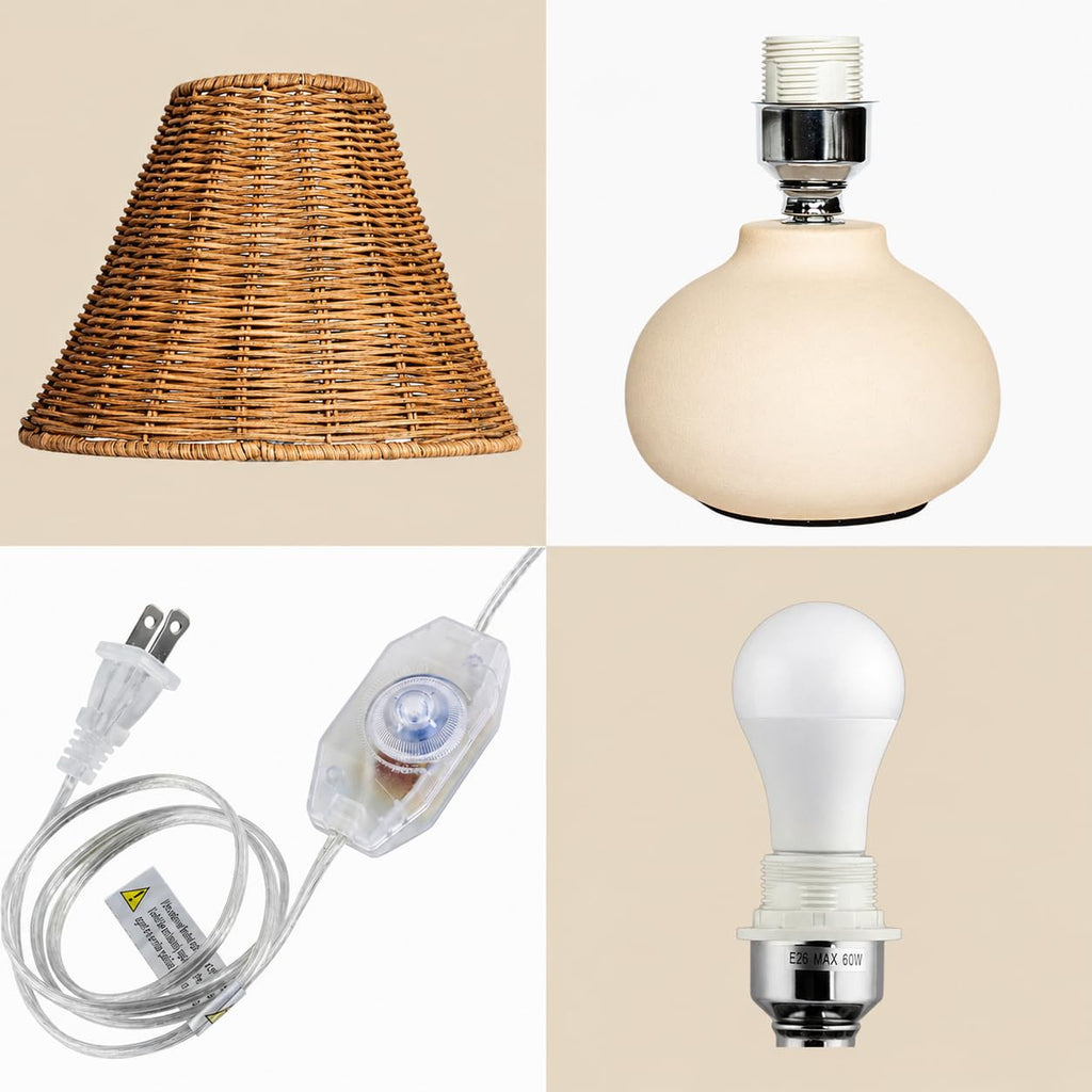 11" Small Table Lamp - Handmade Ceramic Cream Base with Wicker Rattan Shade, Dimmable Plug-in Nightstand Light
