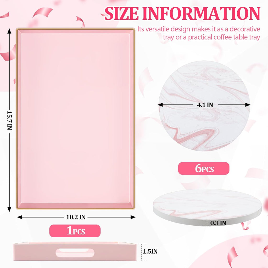Pink Serving Tray and Coaster Set Contains 1 Pink Rectangular Tray with Handles-15.7 x 10.2 Inch, and 6 Marble Style - Set of 7