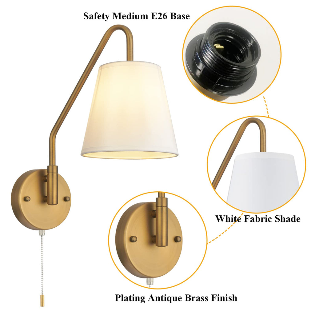 Swing Arm Wall Sconces Set of 2 Hardwired 180 Degree Left and Right Wall Light with Pull Chain Antique Brass Wall