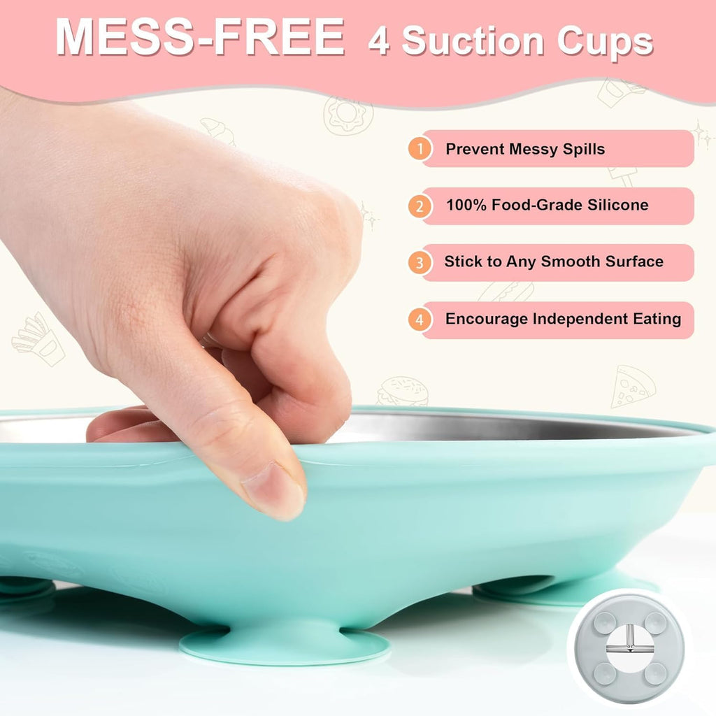 Stainless Steel Toddler Plates Silicone Suction, Non-Slip Baby Plates, Divided Portion, Food-Grade Silicone Plate
