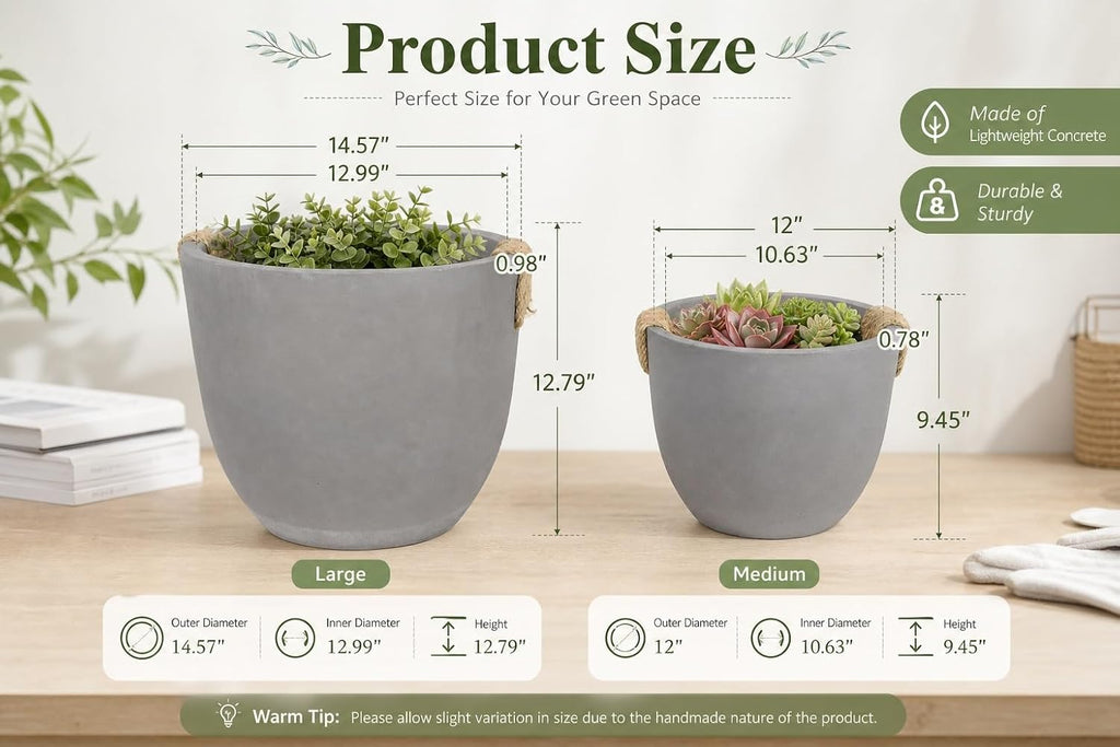 Set of 2 Planter Pots (12.79" & 9.45" ), Lightweight Concrete Look Planters for Indoor Outdoor Plants, Modern Planter