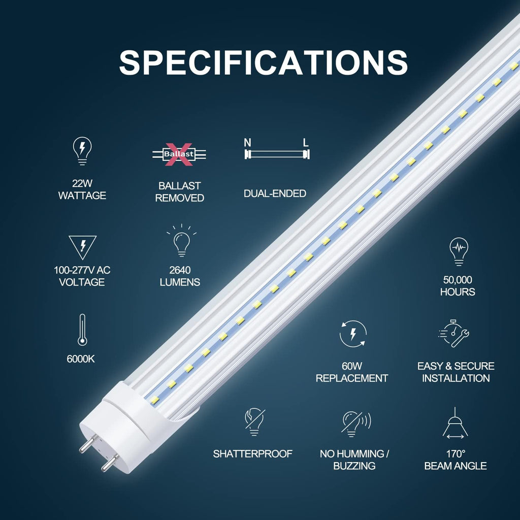4 FT T8 LED Tube Light 22W,2 Pin G13, Ballast Bypass Required, Dual-End Powered,Replace 60W Led Light Tube 6000K