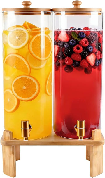 Gallon 2 Pack large Glass Drink dispenser for parties,Beverage Dispenser With Wood Stand,Water Dispensers - Set of 2