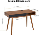 Mid Century Modern Office Desk with Drawer & Open Cubby, 42.5" Walnut Writing Desk with Cable Grommet, Solid Wood Legs
