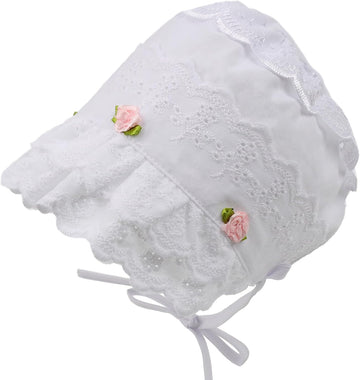Baby Girls 100% Cotton Bonnet Infant Soft Double Layer Sun Hat Lace Embroidery Floral Cap with Chin Strap