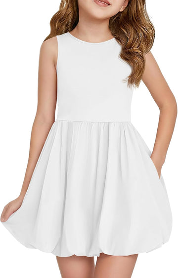 Girls Summer Sleeveless Bubble Dress Kids Cute Crew Neck Tank Mini Dresses with Pockets