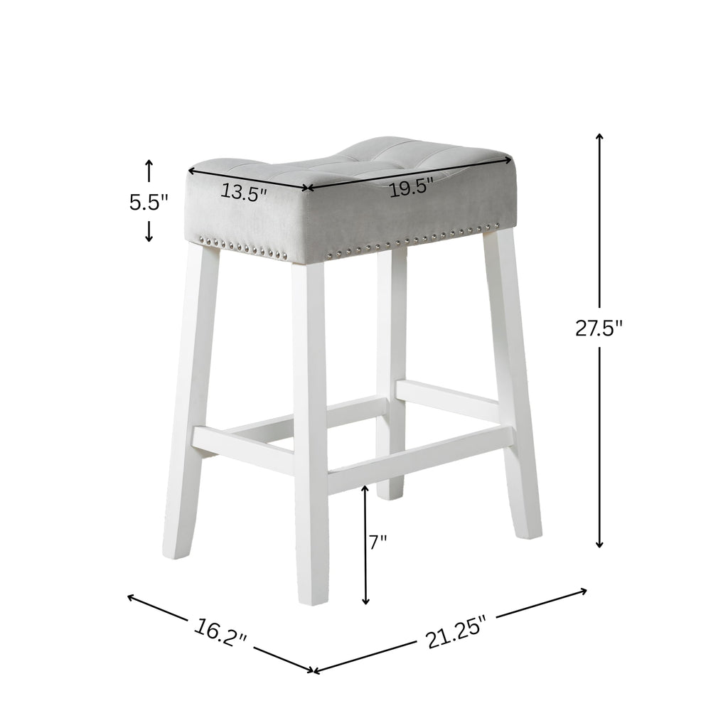 Morovo Set of 2 Velvet Counter Height Stools with Tufted Saddle Seats, White-Wash Finish, Gray