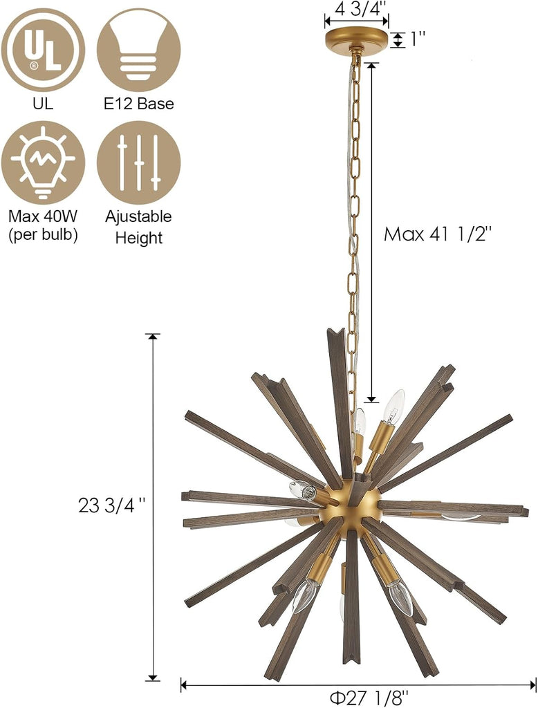 9-Light Wood Sputnik Chandelier for Entryway, Gold Dining Room Light Fixture, Farmhouse Pendant Light Fixture for