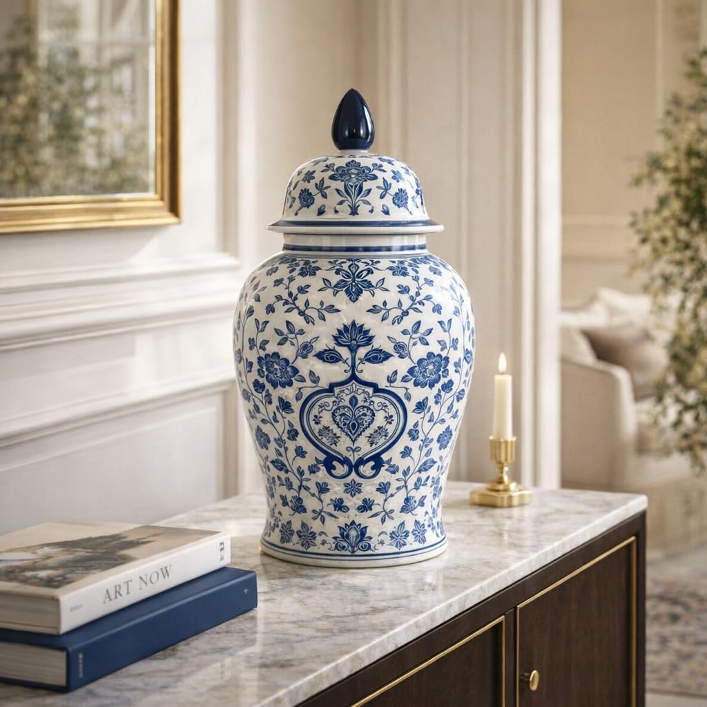 Ceramic Ginger Jar Vase - Decorative Chinoiserie Accent for Vases Display, Living Room or Bedroom Tabletop Decor