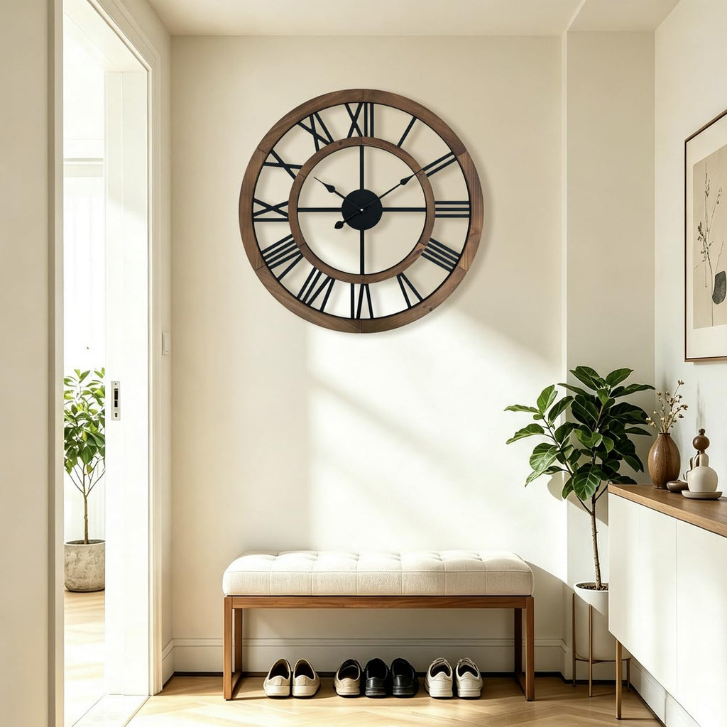 30 Inch Oversized Rustic Wall Clock Silent Non-Ticking Wooden Wall Clocks with Roman Numerals Farmhouse Decorative