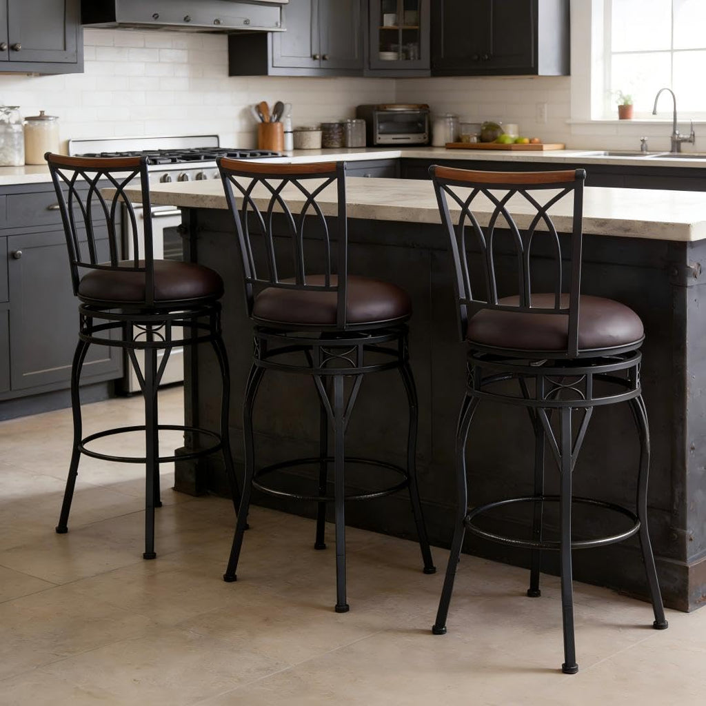 Farmhouse Swivel Bar Stools with Backs Set of 4, Adjustable 25"/30" Industrial Counter & Bar Chairs with Brown PU