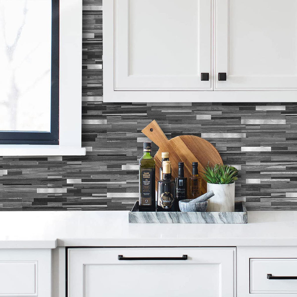 20 Sheets Peel and Stick Backsplash, Black & Grey Wood Look PVC Mixed Metal Stick on Backsplash Tiles