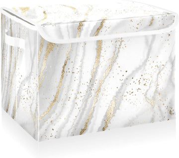 Large Fabric Storage Bins With Lids, Gold White Marble Storage Boxes With Handles for Organizing Clothes, Collapsible