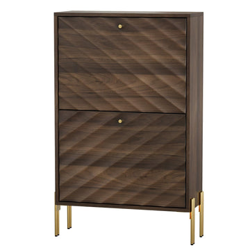 Shoe Storage Cabinet with Textured Diagonal Lines Doors 2 Flip Drawers, Walnut Narrow Shoe Cabinet Storage