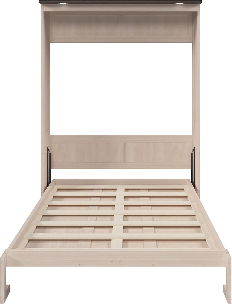 Murphy Bed with LED, Solid Wood Wall Bed, Converts to Cabinet for Space Saving, Queen, Beige