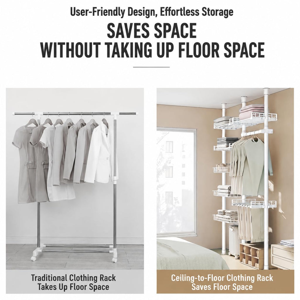 Adjustable Storage Rack, No Drilling Floor Standing Closet Organizer, White