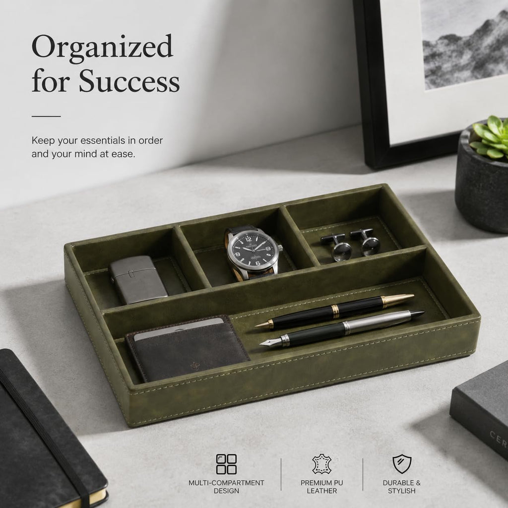 Valet Tray for Men, Leather Tray EDC Desk Organizer, Olive Green