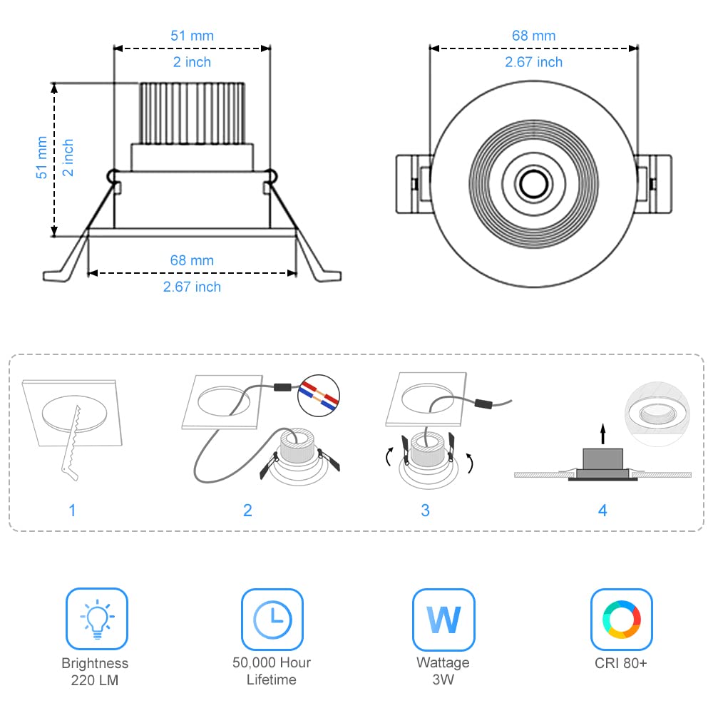 2Inch LED Recessed Ceiling Light, 3W Dimmable LED Downlight, 60 Beam Angle COB Recessed Lights with Driver, Daylight