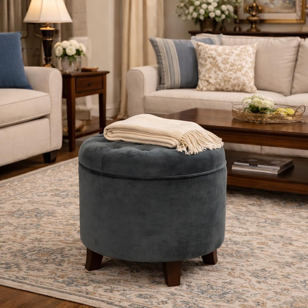 Home Decor | Upholstered Round Velvet Tufted Foot Rest Ottoman | Ottoman with Storage | Decorative Home Furniture