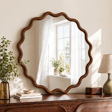 30" Walnut Wavy Round Mirror, Scalloped Wood Frame Wall Mirror