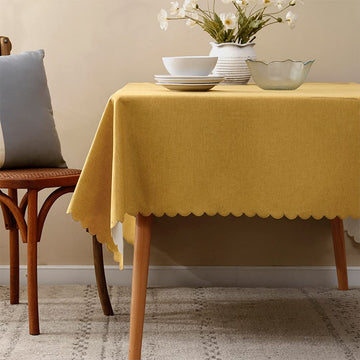 Woven Solid Color Scalloped Tablecloth 40" W x 56" L - Mustard Yellow Wrinkle-Free, Heat-Resistant Washable Table