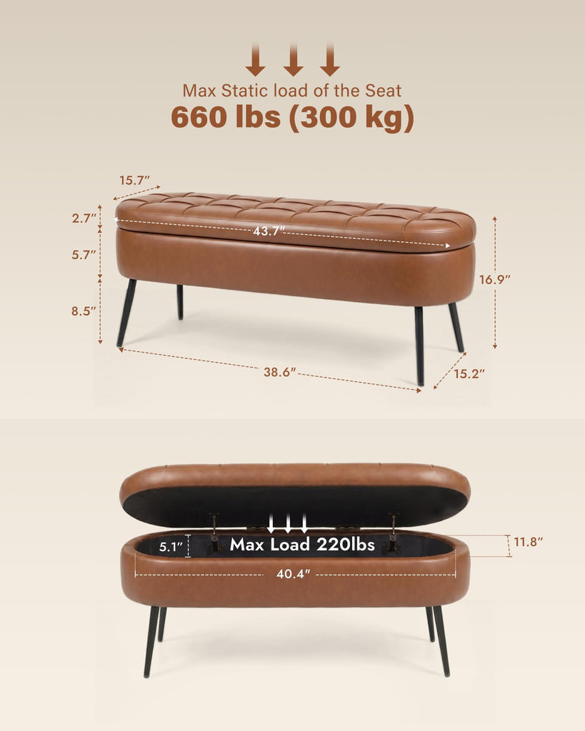 Storage Bench, 43.7" Leather Storage Ottoman Bench with Hinge, Brown