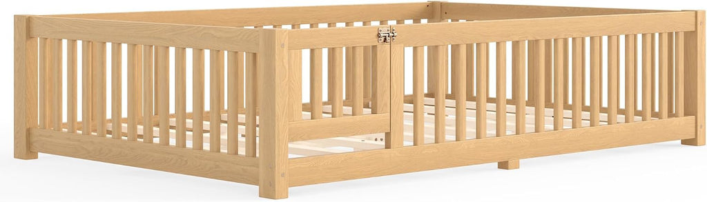Queen Size Montessori Floor Bed Frame with Slats and Fence for Kids,Natural | Solid Wood,Full Surround Safety