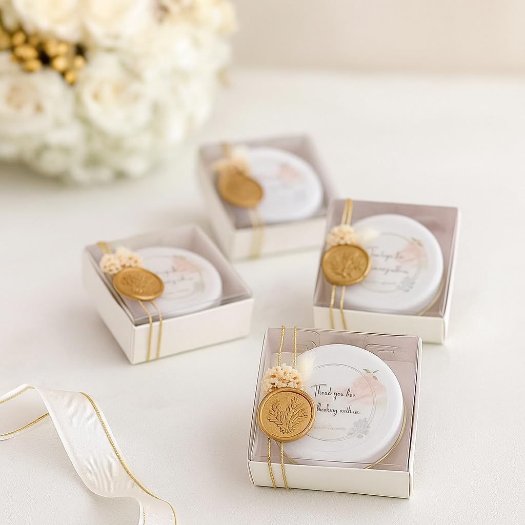 Wedding Candle Favor Set with Gift Box - Personalized Soy Wax Candles with Gold Seal & Gold String, Dried Flowers - Set of 10