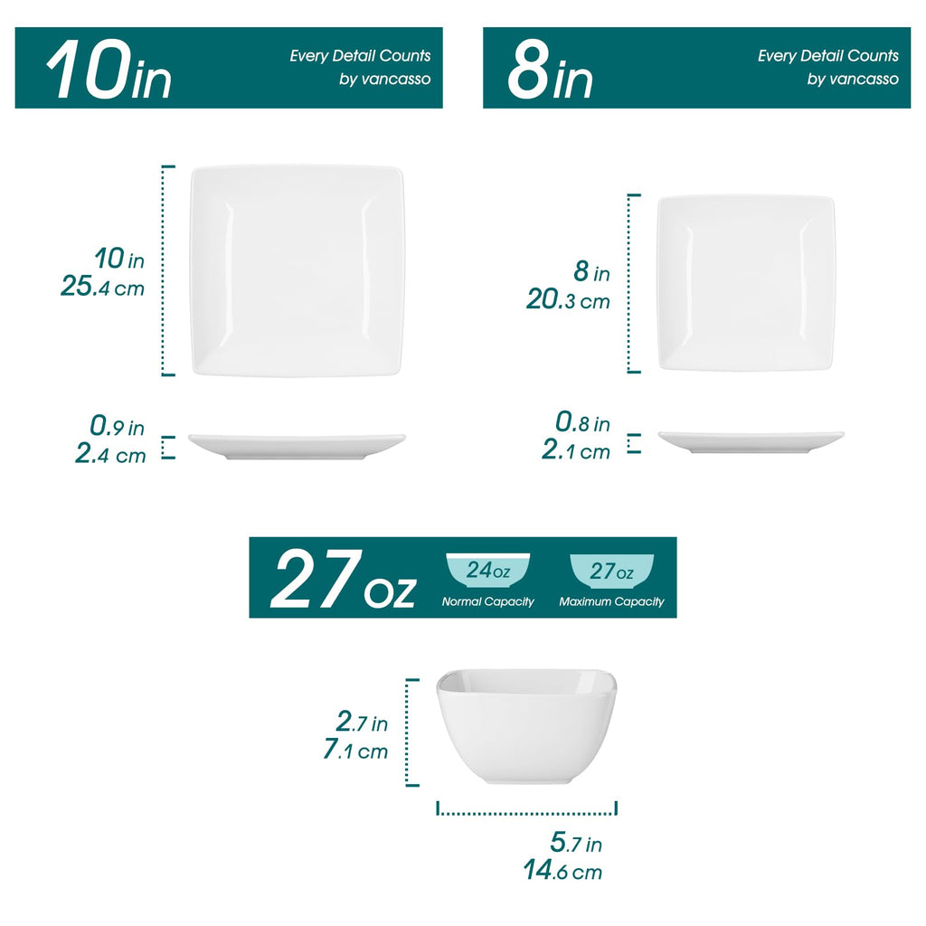 Soho Dinnerware Sets 12 Pieces, White Stoneware Square Place Setting, Dinner Plate, Dessert Plate, Bowls Service for 4