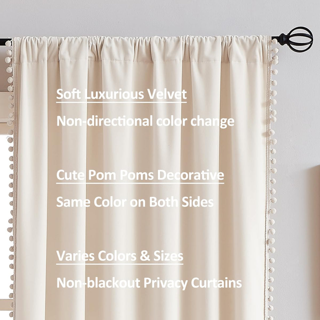 Ivory Velvet Curtains 40x95" Pom Pom Bedroom Window Drape 2