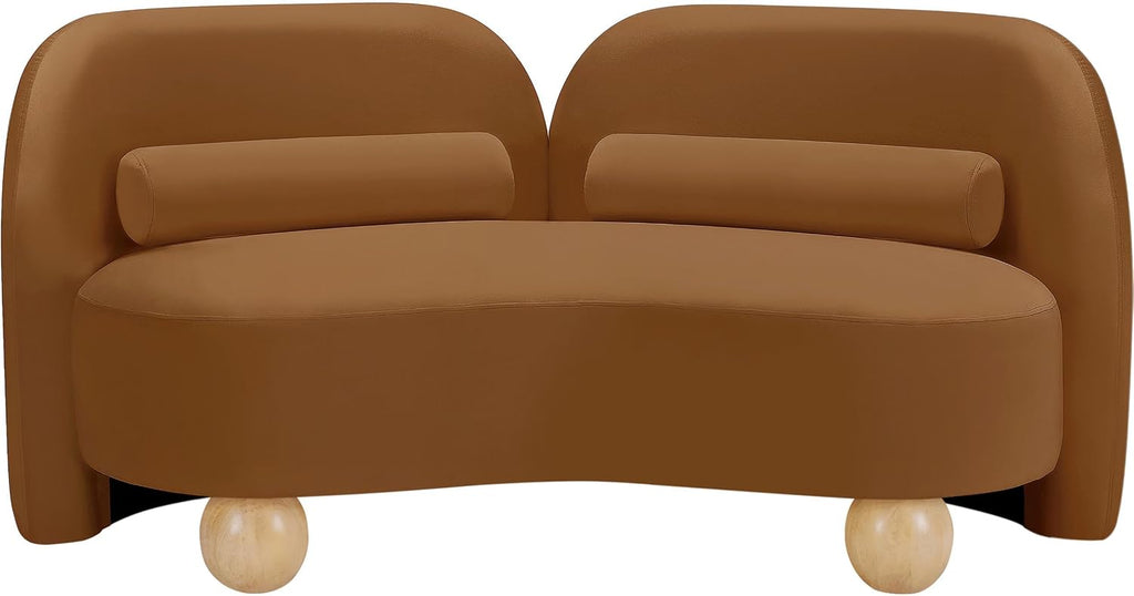44002Saddle-L Daphne Collection Art Deco Loveseat with Rich Saddle Velvet Fabric, Solid Wood Ball Legs, Solid Wood