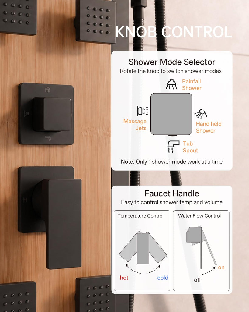 Stainless Steel Shower Panel Tower System Black and Bamboo 8 Jets