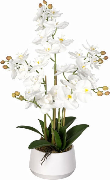 Artificial Orchid Flower Potted,1.5FT White Real Touch Orchid Artificial Flowers with 3 Stems Artificial Phalaenopsis