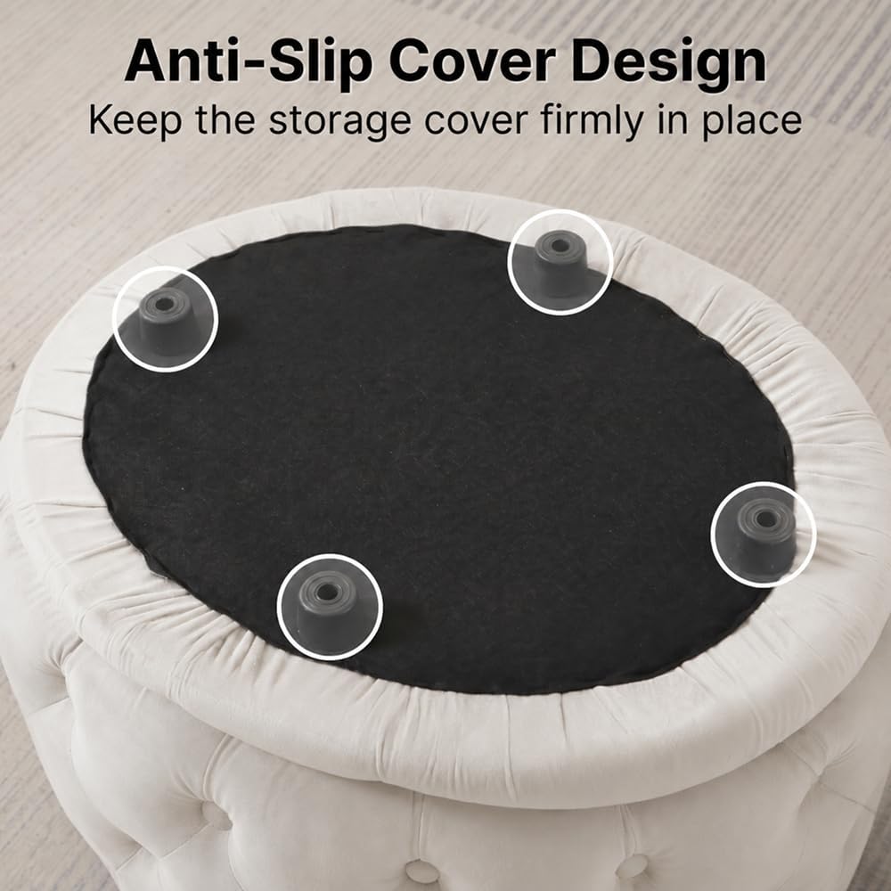 Oval Storage Ottoman with Button-Tufted Diamond Stitch, Upholstered Storage Bench with Lift Top, Multifunctional