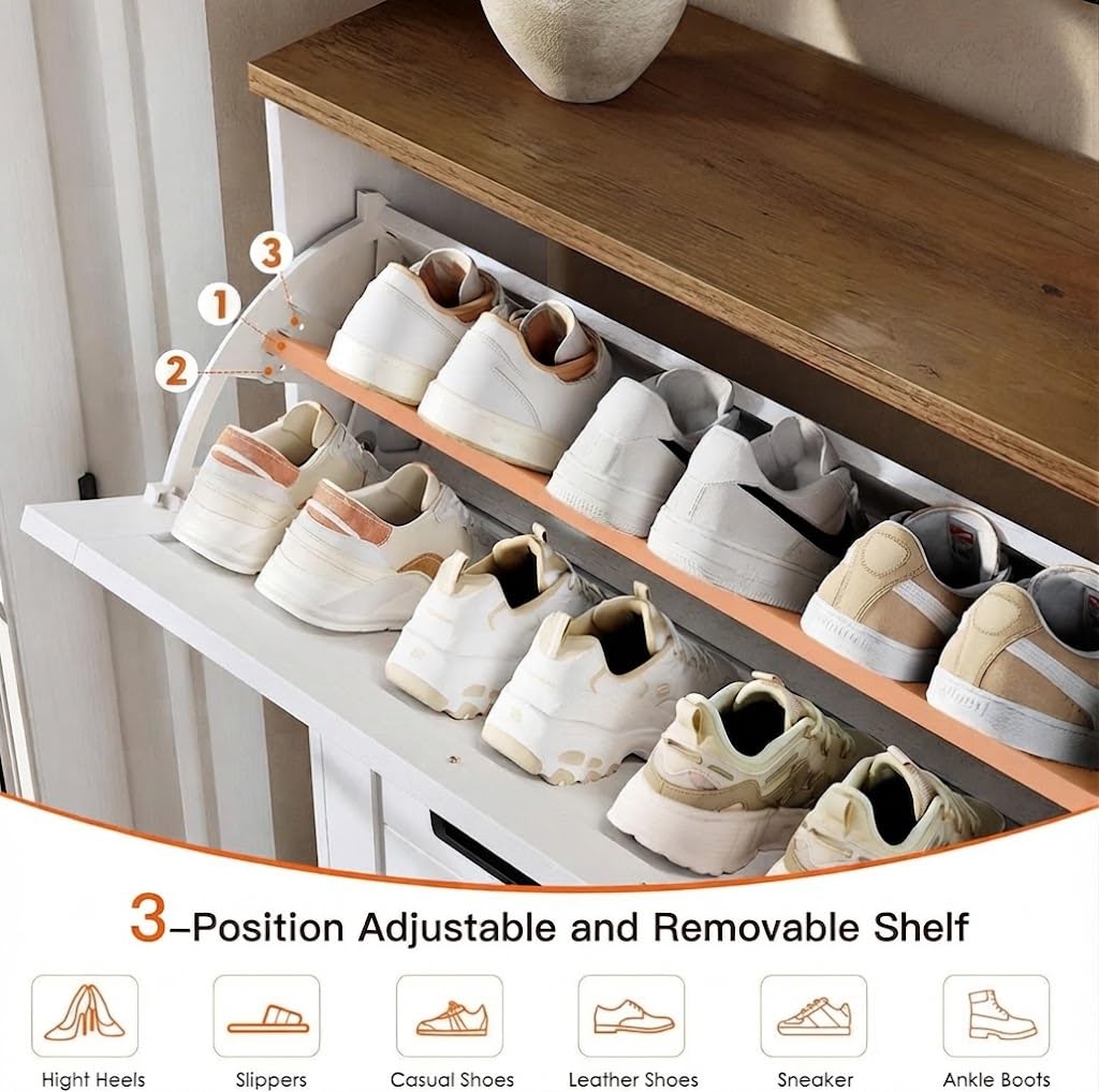 Shoe Cabinet, 3 Flip Drawers & Adjustable Shelves, Ultra Slim Freestanding (9.1" Deep), Holds 30 Pairs, Narrow Shoe
