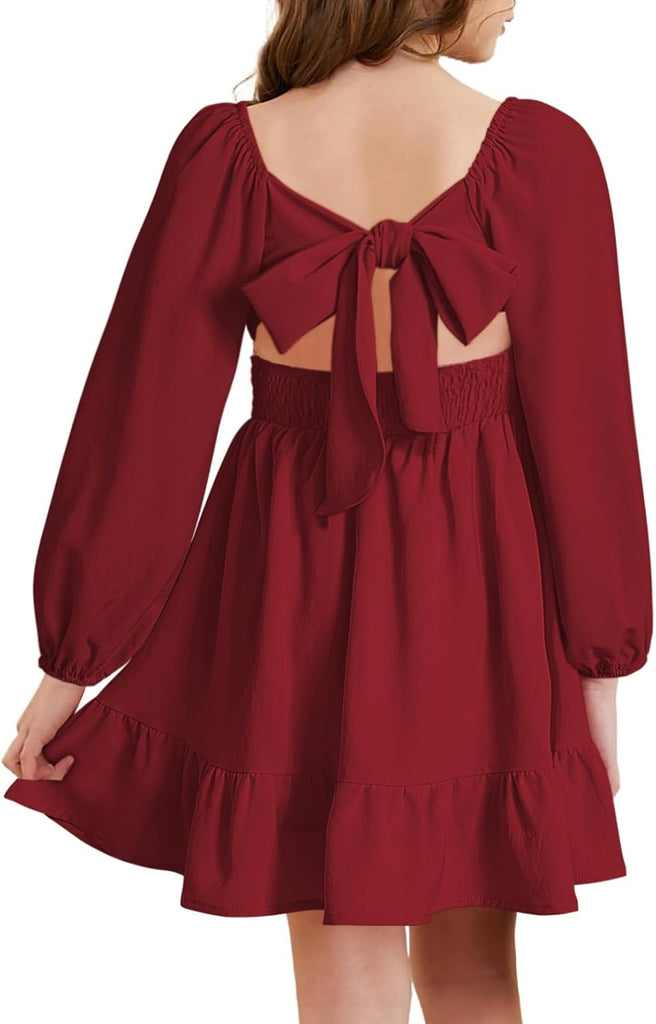 Girls Long Sleeve Tie Back Dress Fall Casual A-Line Ruffle