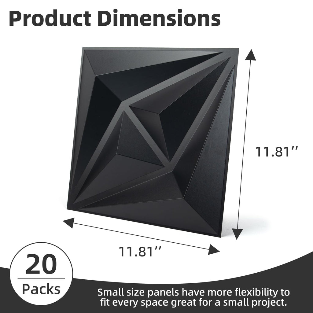 3D Wall Panels, Black, 12x12 Inch, 20 Pcs