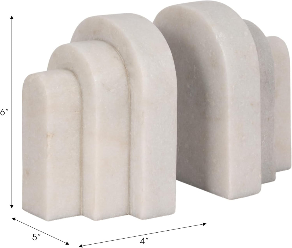 White Marble Bookends - Decorative Stone Book Holders for Shelves, Desks & Tables - Modern Home & Office Shelf
