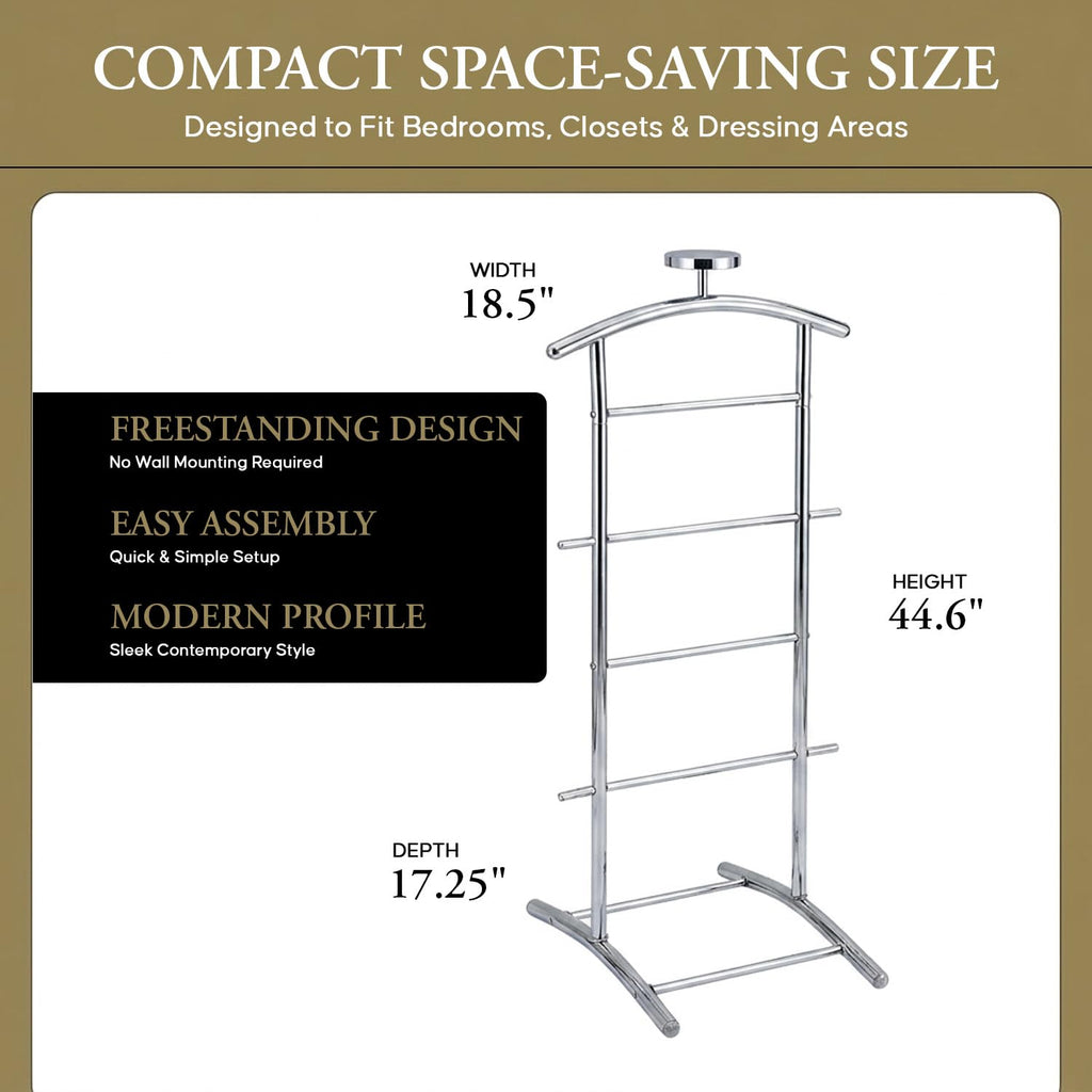 Freestanding Metal Suit Valet Stand with Tie Bar, Chrome