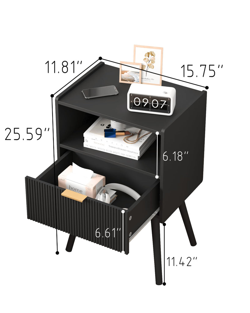 Black Nightstand, Modern Bedside Table with Storage Drawer and Open Wood Shelf, and Small Spaces, Accent Night Stand