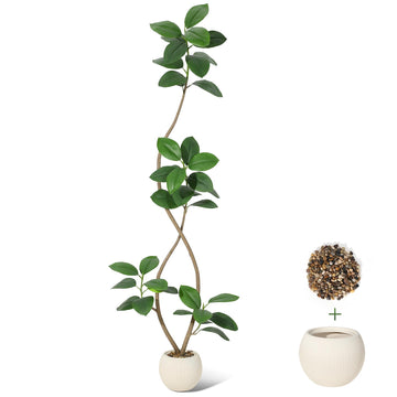 7 ft Artificial Plant Rubber Tree with Off Wh ite Sphere Resin Planter & Stone Faux Fiddle Leaf Fig Tree Indoor